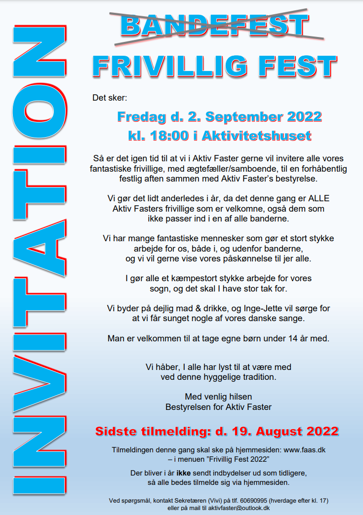 Invitation Frivillig Fest 2022 – for alle Aktiv Fasters frivillige (tidligere bandefest) – Faster-Astrup